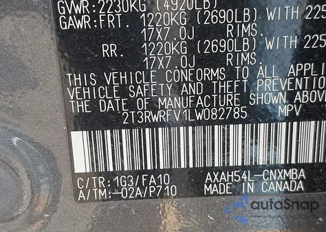 2020 Toyota Rav4 Xle z USA, uszkodzony, nr VIN 2T3RWRFV1LW082785